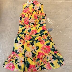 Eliza J Yellow and Pink Tiered Ruffled Sundress Mock Neck Bow